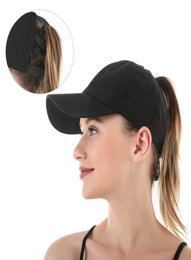 FGSS Criss-Cross Ponytail-Baseball-Cap for Women - Summer Adjustable Quick-Dry High-Messy-Bun Dad-Hat Fit for 22" Black - Image 5